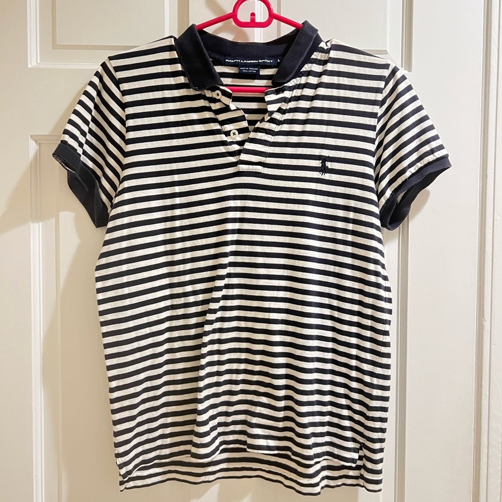 Ralph Lauren, blue and white stripe polo T-shirt